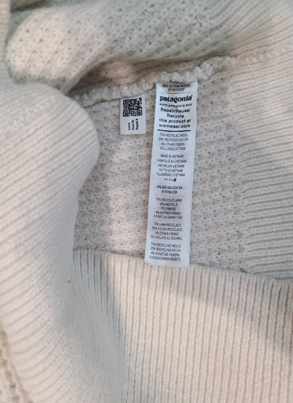 Patagonia Dyno White Recycled Wool-Blend 1/4-Zip Sweater Size M - Picture 5 of 6